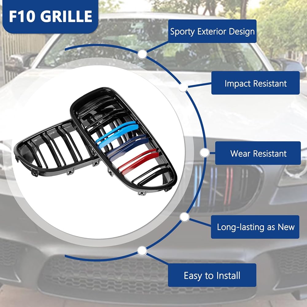 DEKEWEI F10 Grill Front Kidney Grill 2010-2017 5 Series F10 F11 M5 compatible (2 Double Slat Gloss M Color Grill)