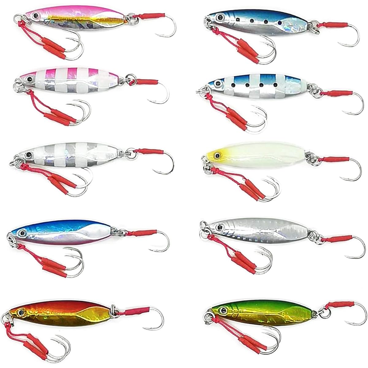 OHF Metal Jig Set 10g 15g 20g 30g 40g Slow Jigging with Assist Hook Set of 10