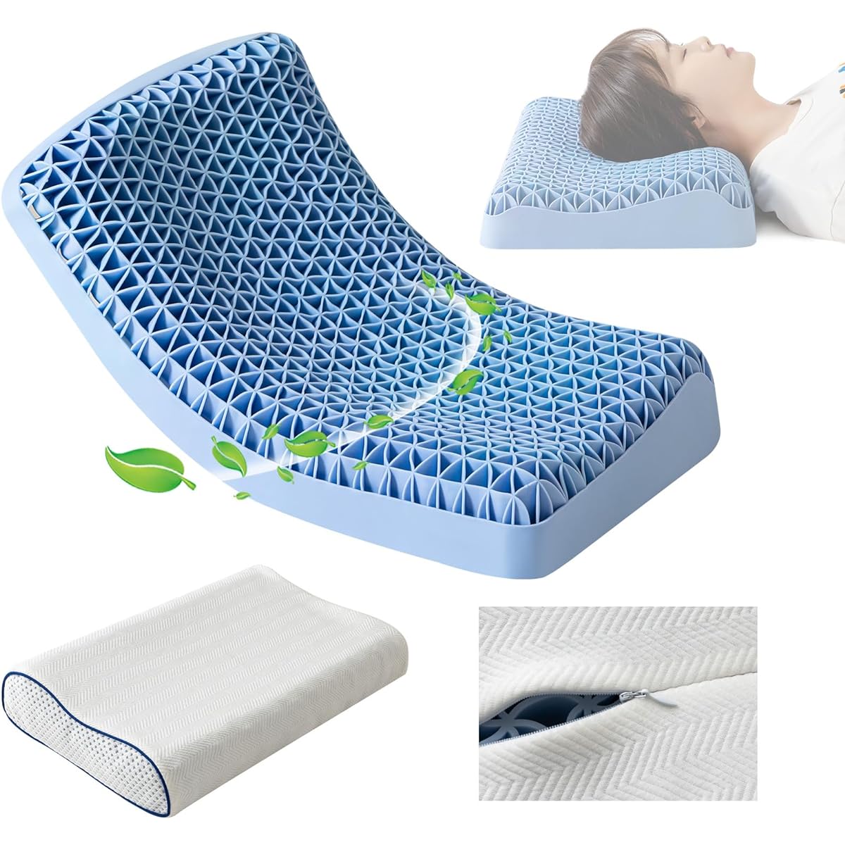 HANAKARI Pillow, Sleeping Pillow, High Resilience, Side Pillow, Washable, Breathable, Two Heights, Gel Pillow, Snoring Reduction, Chiropractic Pillow, Breathable, Good Sleep Pillow, Honeycomb Gel Pillow, Gray