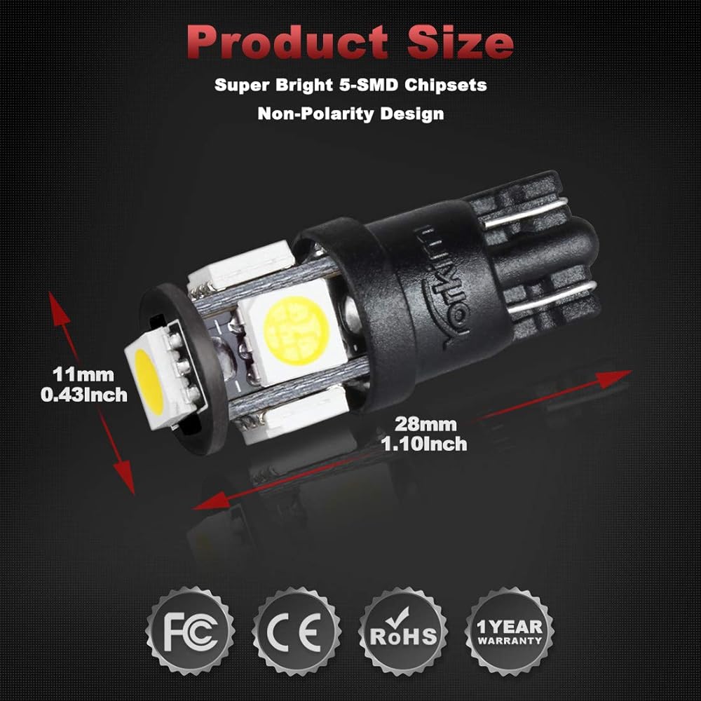T10 LED bulb YORKIM Made six -generation car in -car lamp W5W 194 168 2825 T10 wedge 5SMD 5050 replacement number clearance lamp high -brightness Ministry of Environment (10 pieces)