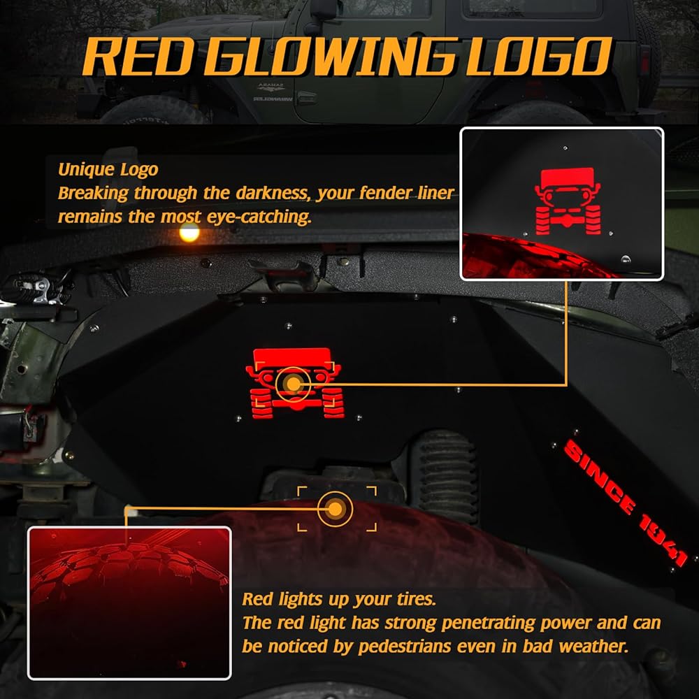 JROAD Inner Fender Front Fender Liner Jeep Wrangler JK JKU Aluminum LED LED Light with 4 pieces 2007-2018 Wrangler Accessories JK JKU Sports Sahara Rubicon 2/4 door