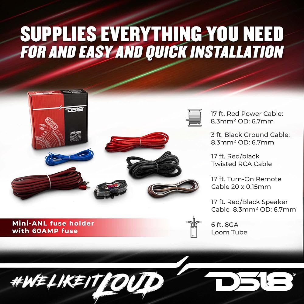 DS18 DS-AMPKIT8 High Power 8GA Complete Amplifier Wiring Kit, Super Flex Wire, Installation Cable. 8-Gauge DS-ampkit8