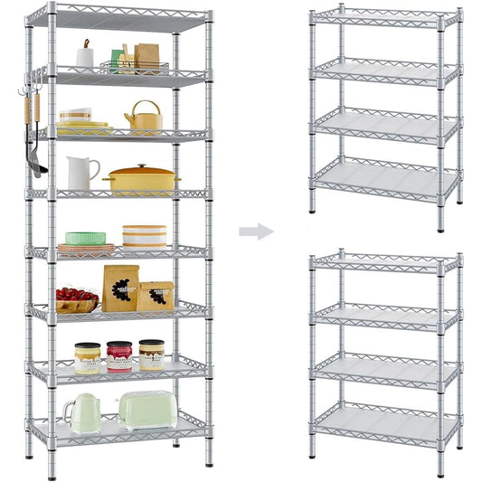 Metal Rack, Steel Rack, Open Shelf, 8 Tiers, Load Capacity, Height Adjustable, Large Capacity, Multifunctional Rack, Separate Rack, Width 60*Depth 34*Height 182cm, Silver