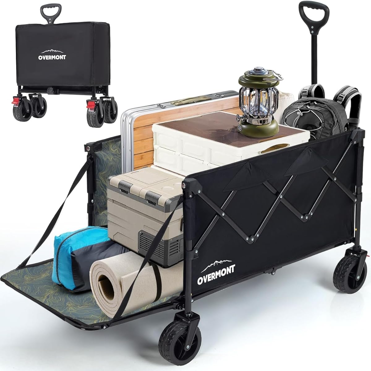 Overmont Carry Wagon, Large Capacity 190L/160L, Compatible with Long Items, Removable Tires, Brake Included, Load Capacity 120kg, Includes Bottle Pocket, Large Tires, Rear Deployable, Outdoor Wagon, Camping, Folding, One-Touch Convergence Type, Japanese
