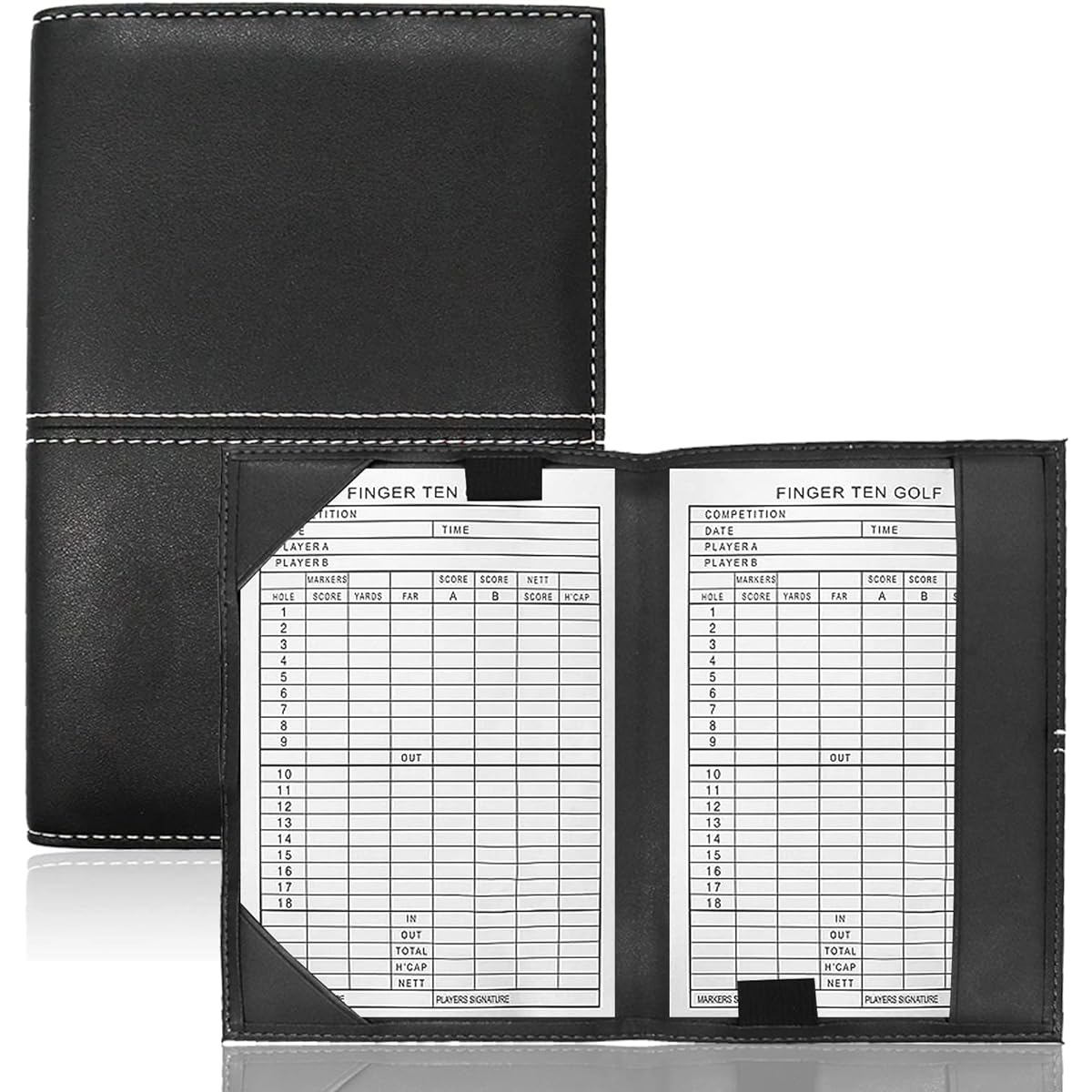 FINGER TEN Golf Scorecard Holder Leather Yardage Book Cover Deluxe Color Black Blue Brown Gift Pack