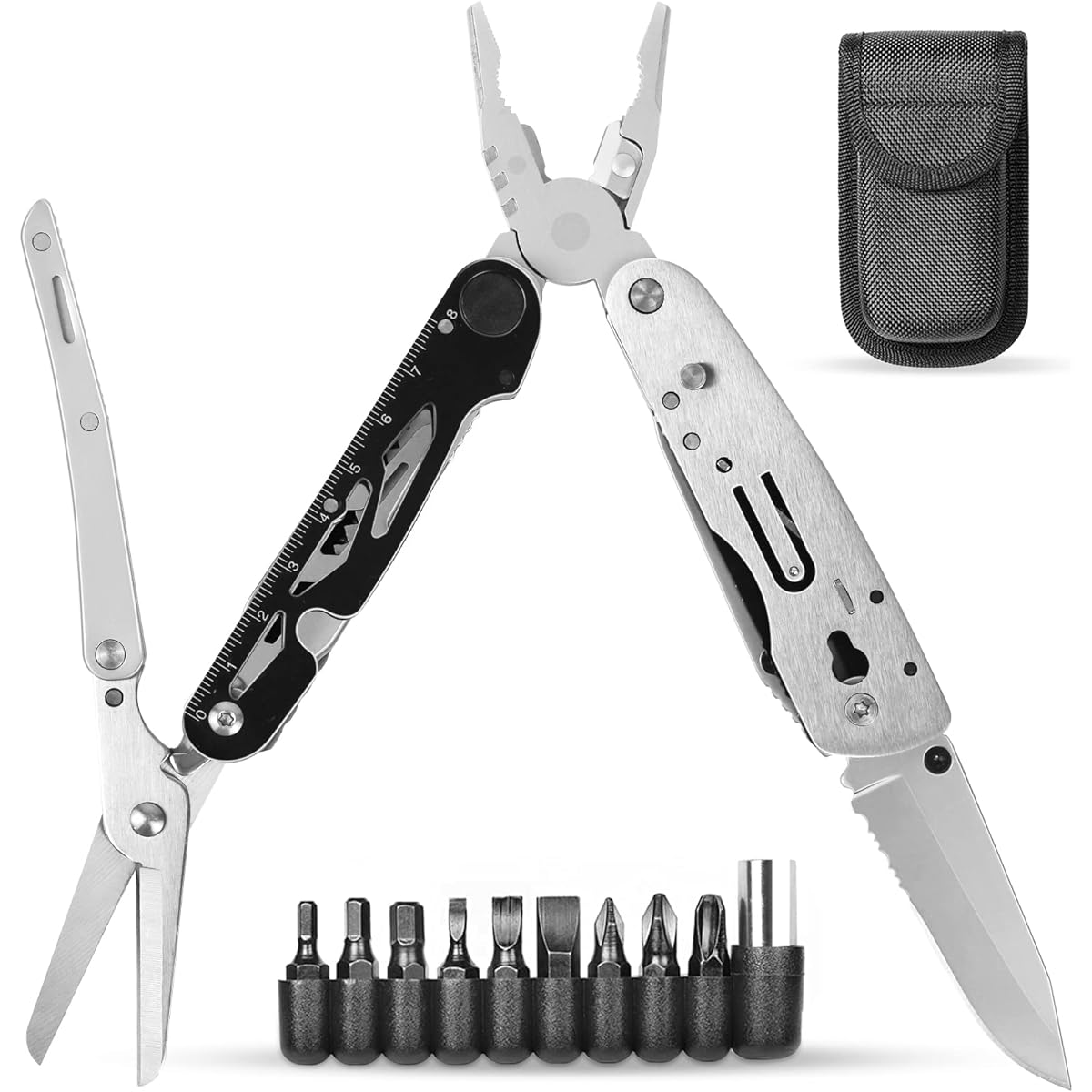 Multi-functional pliers, multi-tool, 19in1 folding pen, pliers mini multi-functional pliers, stainless steel, folding knife, scissors, can opener, wood saw, camping, outdoor, fishing, mountain climbing, outdoor saber, disaster prevention equipment, stora