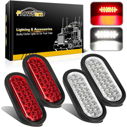 PARTSAM 2x Red + 2x White 6 inch 24 LED Oval Start Top Top Tal Light Brake Backup Reverse Light Kit Track Truck Truck RV Camper Waterproof 12V Sealed 6 -inch elliptical LED Trailer Tail Light Glemon Mount