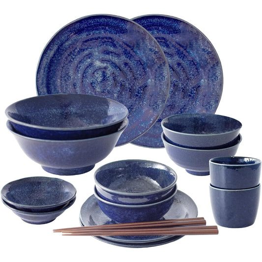 Mino ware Japanese tableware 16-piece set, natural blue, for living alone or for two, microwaveable, dishwasher safe, food wrap compatible, made in Japan 270438