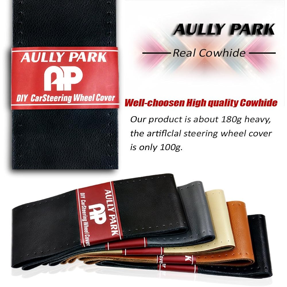 AULLY PARK Universal Car Steering Wheel Cover Genuine Leather Stitched Wrap Cover , blk