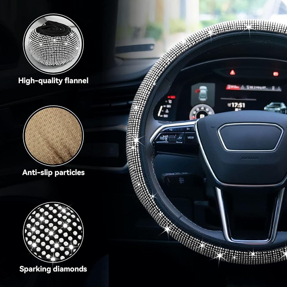 Limsas Glitter Line Stone Handle Cover Crystal Diamond With Ladies Sparkling Car Wheel Protector Universal Fit 14 ~ 15 inch White