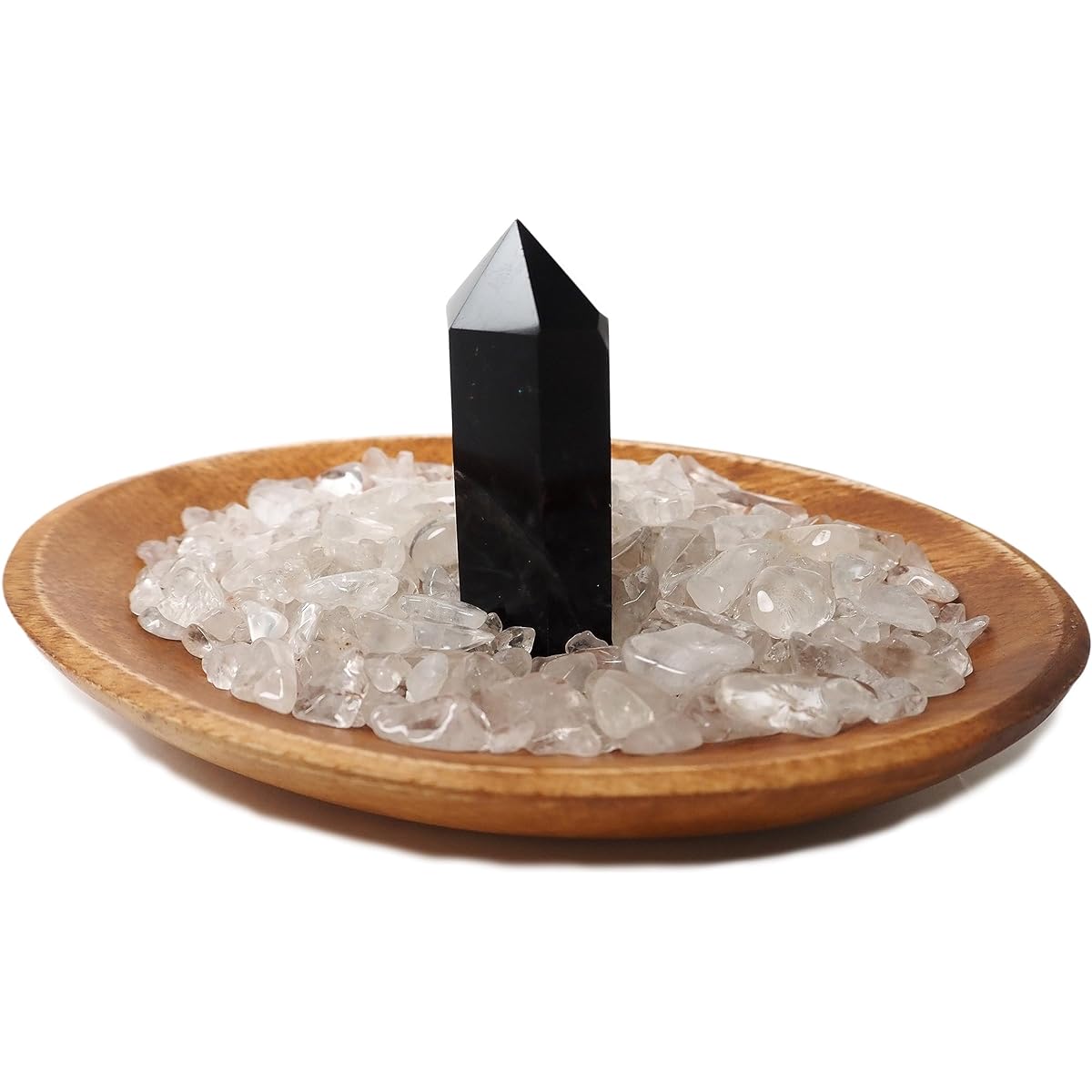 RELIGHT Natural Stone Morion Point Crystal Sazare Himalayan Wood Tray 3 Piece Set Power Stone Purification (Morion)