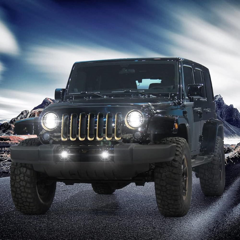 Audexen 7 inch black LED headlights DRL high-low beam + 4 inch black Smiley Design LED Fog Light Jeep Langler JK JKU TJ LJ 1997-2018, 2022 Express Patent