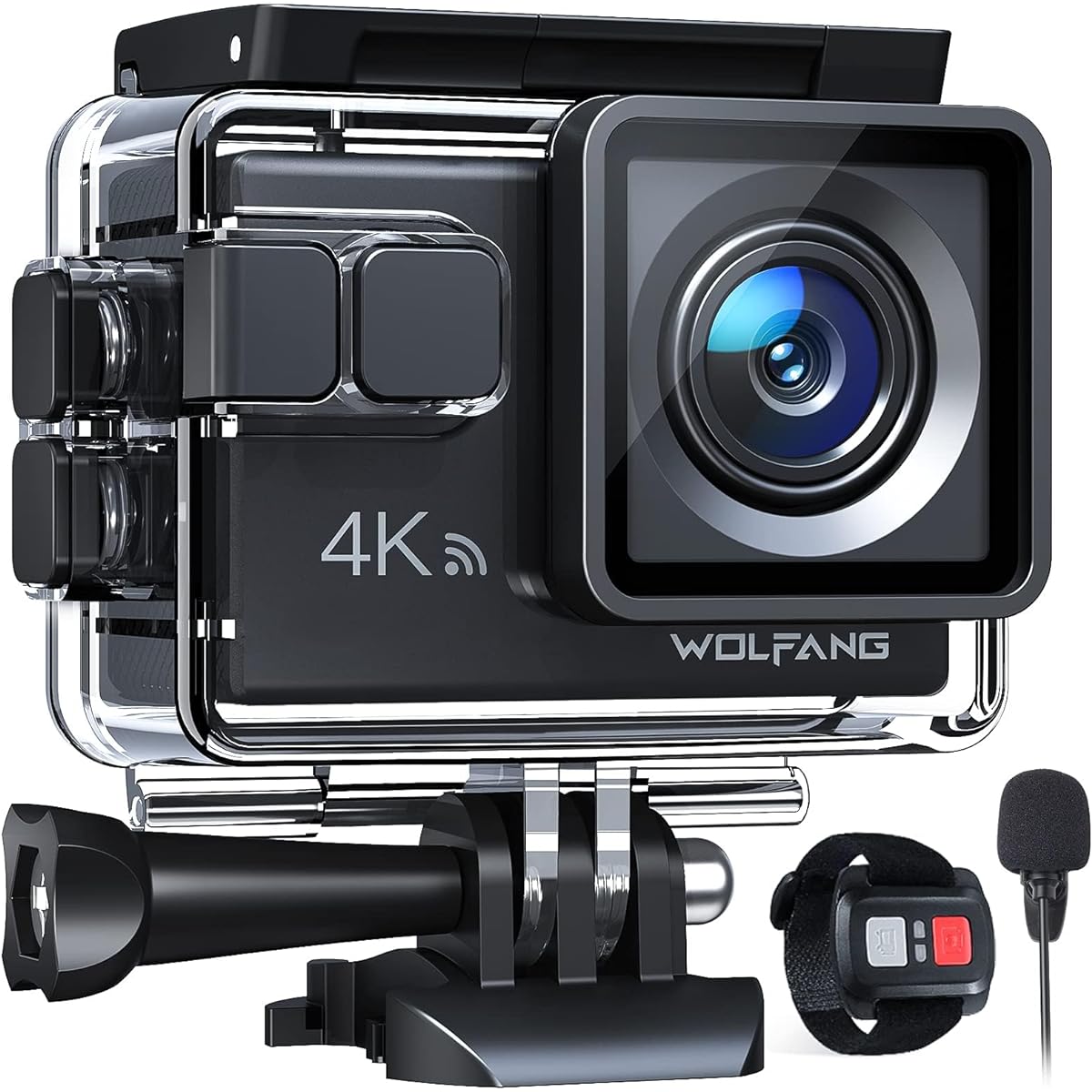 WOLFANG Action Camera 4K 20 Megapixel Underwater Camera Equipped with WiFi Compatible with External Microphone 40M Water Resistant HDMI Output 170 Degree Wide Angle Lens Remote Control Included 2 1050mAh Batteries Action Cam Wearable Camera Wide Range of