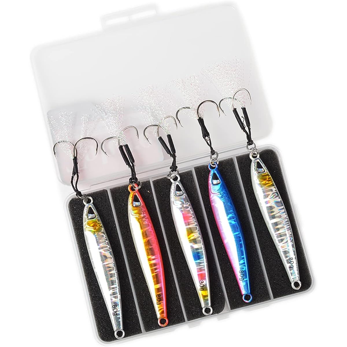 Tolure Jig Set, 4 Colors, 60g, 80g, 100g, 3D Printer Eyes, Laser Foil Paper, Luminous Metal Jig, Blue Fish, Red Sea Bream, Yellowtail Grouper, Sea Bass, Root Fish, Horse Mackerel, Sea Fishing, Fishing Jig with Hook, 5 Pieces/Set