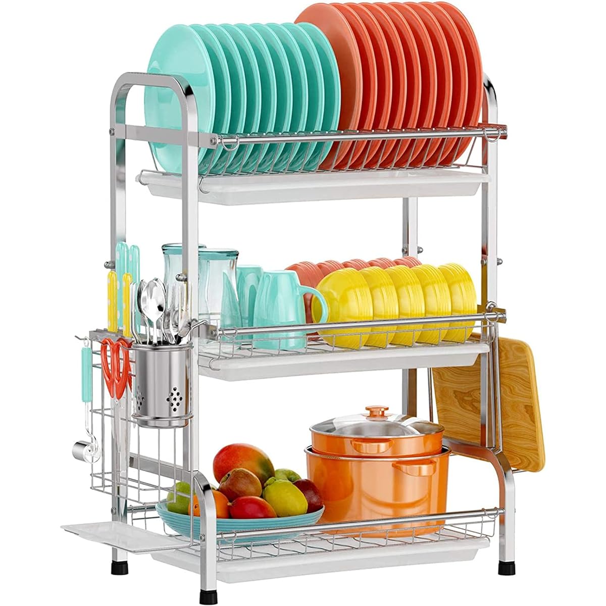 Drainer Rack, Dish Drainer, Basket, SUS304 Stainless Steel, Tableware Storage, Dish Rack, Kitchen Storage Rack, Flowing Water, Chopstick Holder, Cup Rack, Japanese Instruction Manual Included (Stainless Steel, 3 Tier Type)