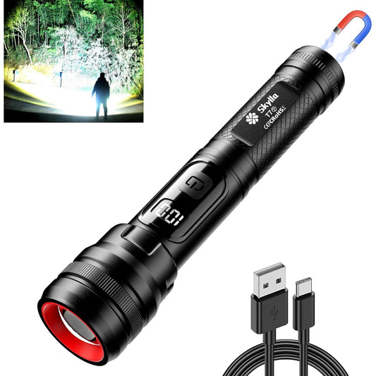 Skylla New Lightweight LED Flashlight, USB Rechargeable, Large Capacity, High Brightness 1000 Lumens, LCD Remaining Display, Zoom Adjustment, 5 Modes Dimming, IPX6 Waterproof, LED Light, Portable, Disaster Prevention, Power Outage Countermeasure, Emergen