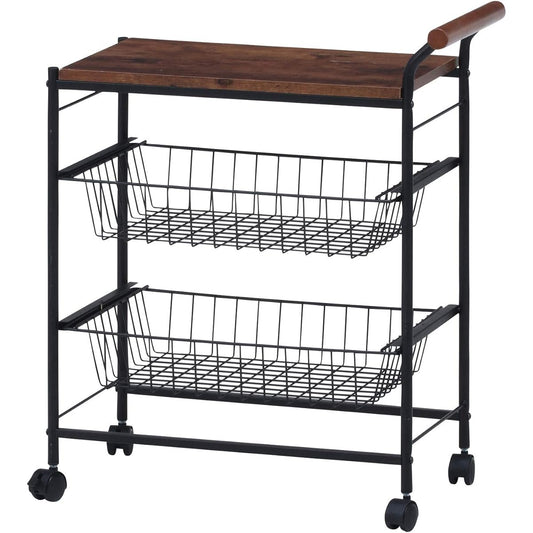 Fuji Boeki Kitchen Wagon Kitchen Rack Width 32 x Depth 56.5 x Height 70 cm Brown Black Vintage Style with Casters Storage Basket Navy 14662