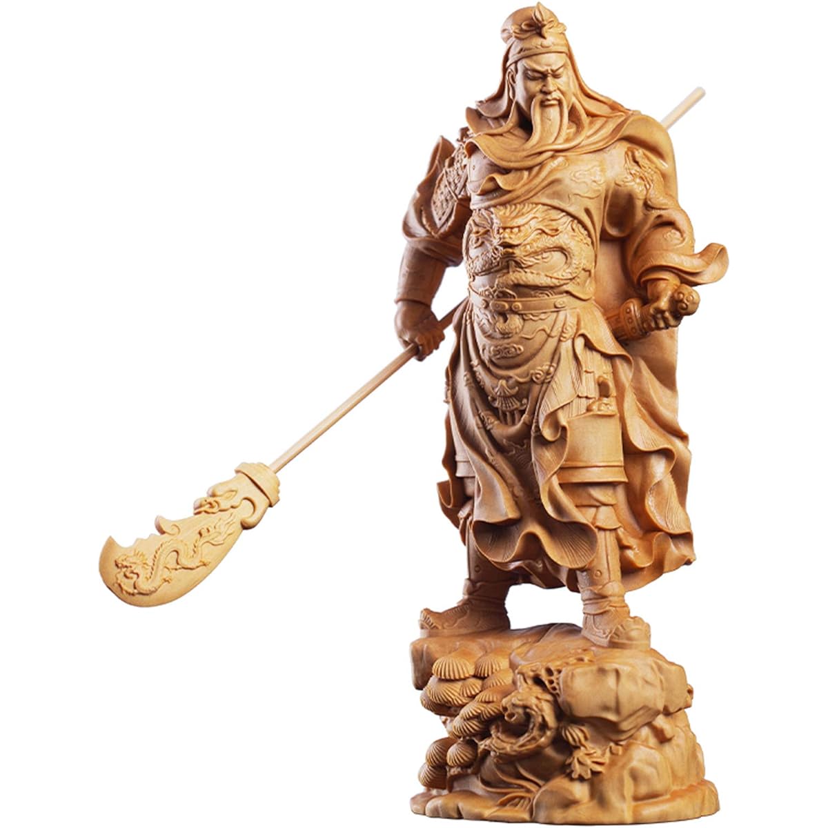 Romance of the Three Kingdoms Ornament, Guan Yu Statue, High Quality Natural Boxwood Wood Carving, Ornament, Traditional Chinese Art, Wooden Carving, Seiryu Kengetsu Sword, Increases Business Prosperity, Financial Luck (Height 12cm x Width 5.9cm x Depth