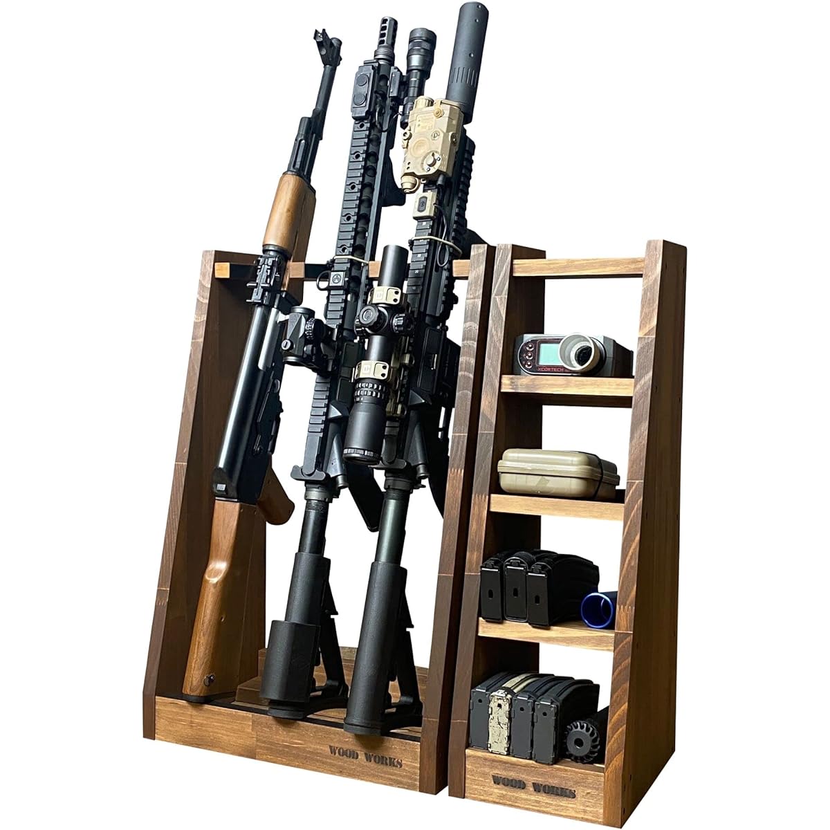 WOOD WORKS Made in Japan Rifle Stand 3-Hold + Magazine Rack Set (Brown)