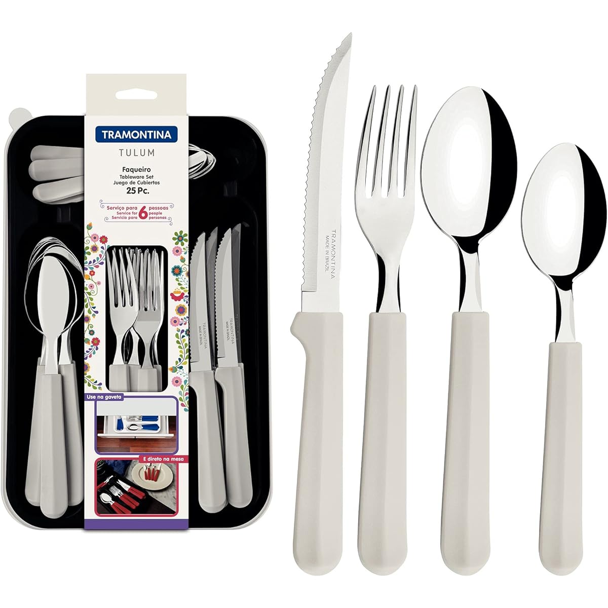 Tramontina Tableware Tram Set of 24 with Storage Case White Dishwasher Safe Lightweight Made in Brazil 23299/883 TRAMONTINA