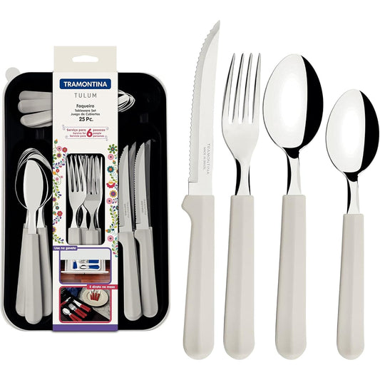 Tramontina Tableware Tram Set of 24 with Storage Case White Dishwasher Safe Lightweight Made in Brazil 23299/883 TRAMONTINA