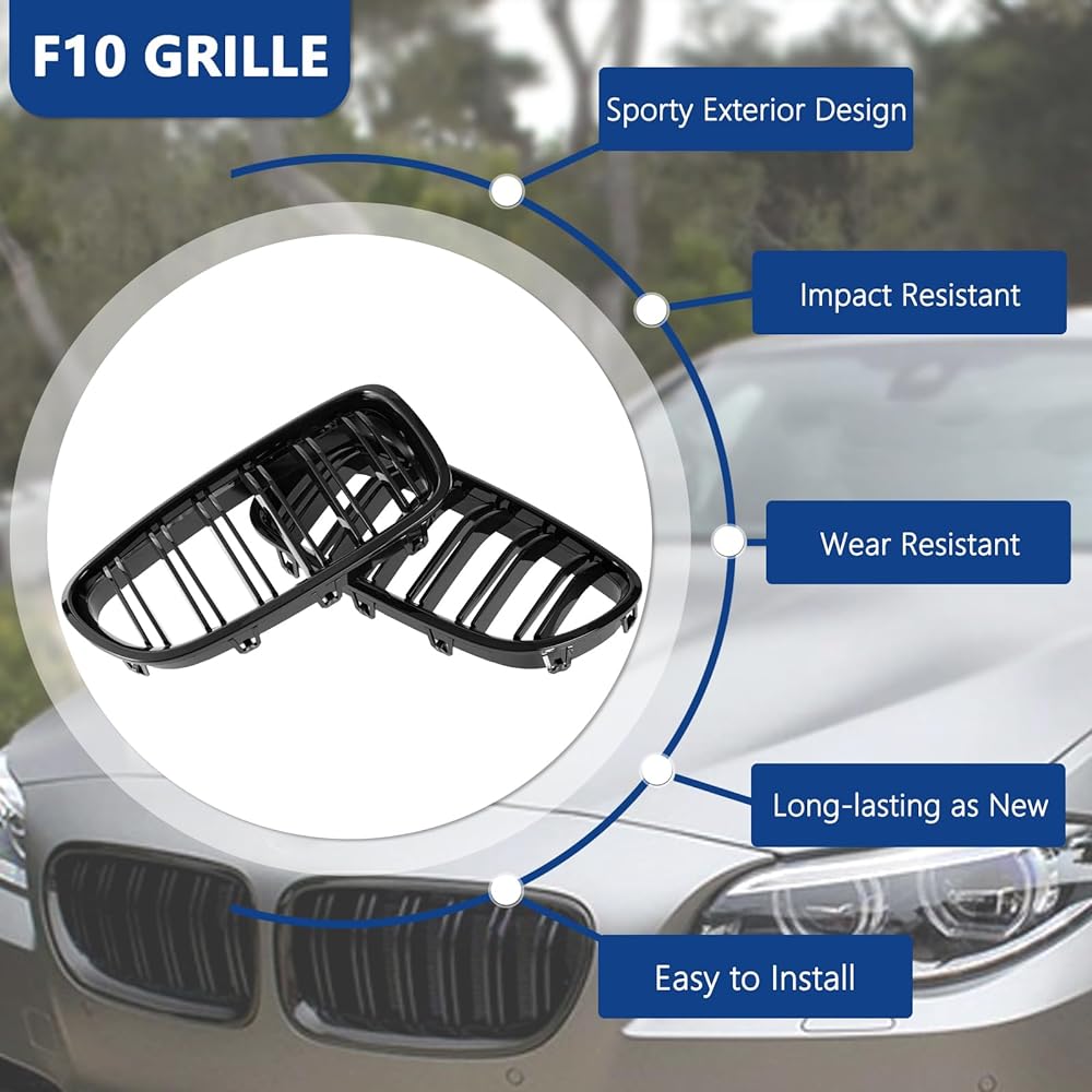 DEKEWEI F10 Grill Front Kidney Grill 2010-2017 5 Series F10 F11 M5 compatible (2 Double Slat Gloss Black Grill)