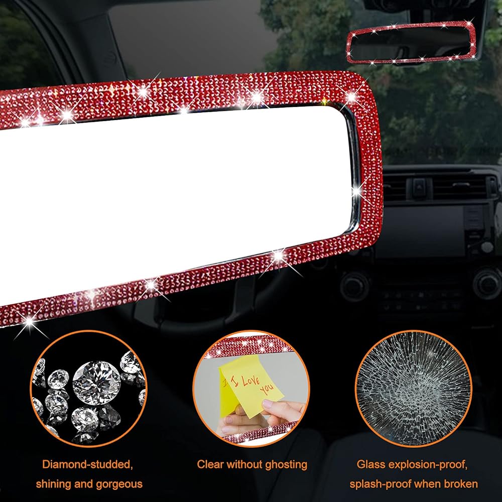 IDOGLIITTE+ glittering glittering rhinestone car decoration Premium Crystal Rear View Mirror Auto Center Console Protection Cover Diamond Leather Handle Coaster 2 Push Start Button Cover Red 6 Pack
