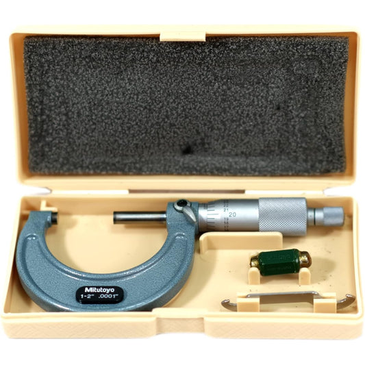Mitutoyo 103-132 outer micrometer baking enamel finish ratchet stop range 1-2 inch scale 0 inch accuracy +/- 0 inch