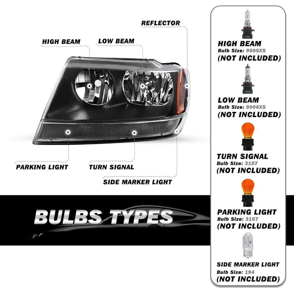 Headlight Acembretet 1999-2004 JEEP GRAND CHEROKEE Shield Black headlamp replacement passenger seat and driver's front front light (black)