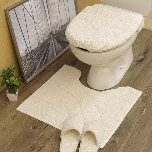 Toiletries 4-piece set [Cotton Ridge] Ivory 100% cotton Non-slip | Toilet mat 55cm x 60cm / Toilet lid cover / Slippers / Toilet paper holder / Made in Japan Washable Stylish Cute Cotton Underfoot mat 55x60