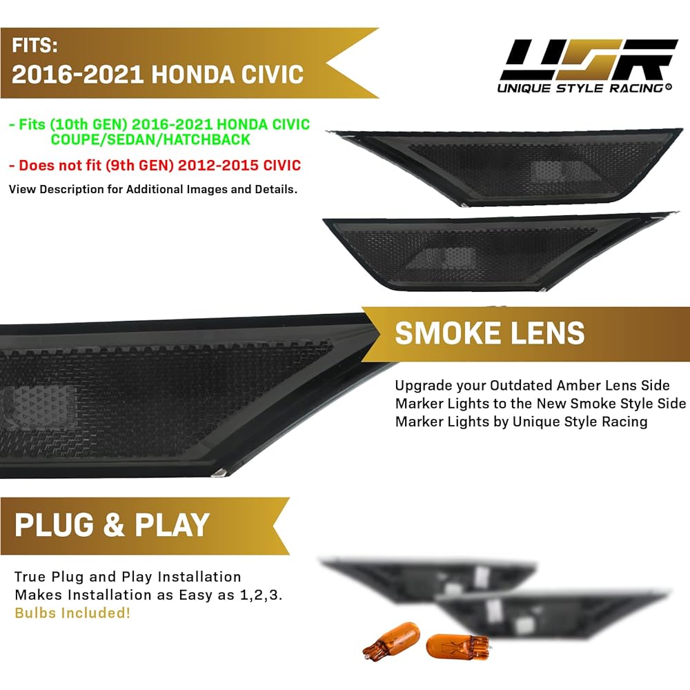 REVI MotorWERKS Depo Smoke Front Bumper Side Marker Light Set + Amber Light Bill 2016-2021 Honda Civic 2D/4D/5D