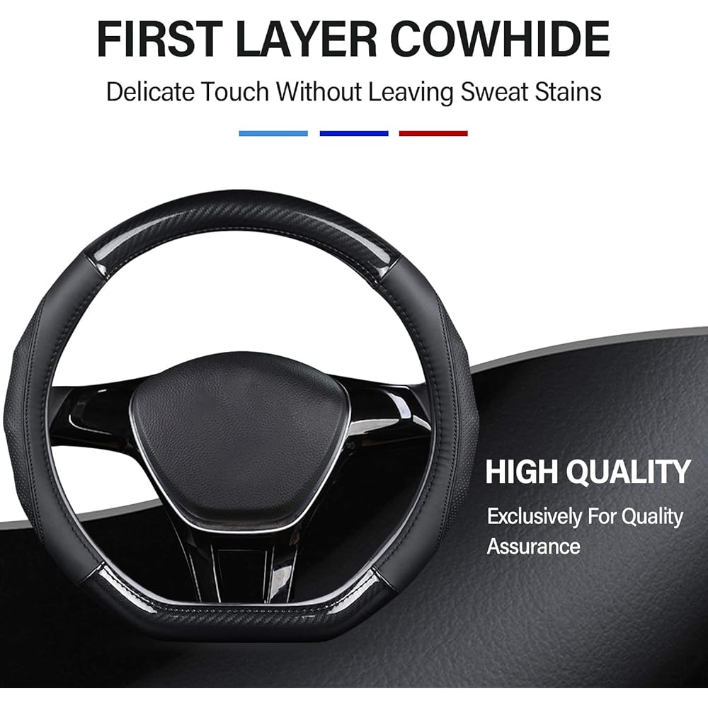 Ergocar Car Steering Wheel Cover Anti-slip D-Shape Steering Wheel Cover Carbon Fiber & First Layer Cowhide Leather Diameter 38cm (D-Black-Red)