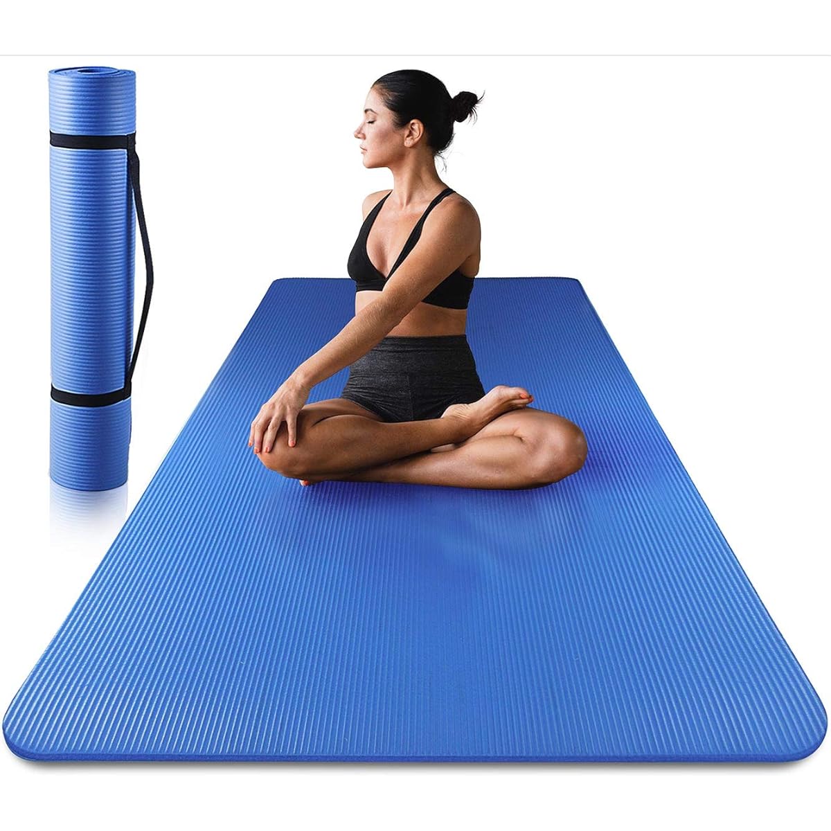 Extra Large Yoga Mat, Wide 85 x 185cm, Thick 10mm, Muscle Training Mat, Exercise Mat, Training Mat, Yoga, Stretching, Leisure, Non-slip, Storage Band Included, Blue