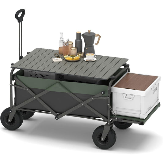 NEKOU Outdoor Wagon Carry Wagon with Table Carry Cart for Long Items 120L Load Capacity 120kg Large Capacity Dolly Folding Large Tire Outdoor Carry Lightweight Compact Storage Camping Equipment Black Green