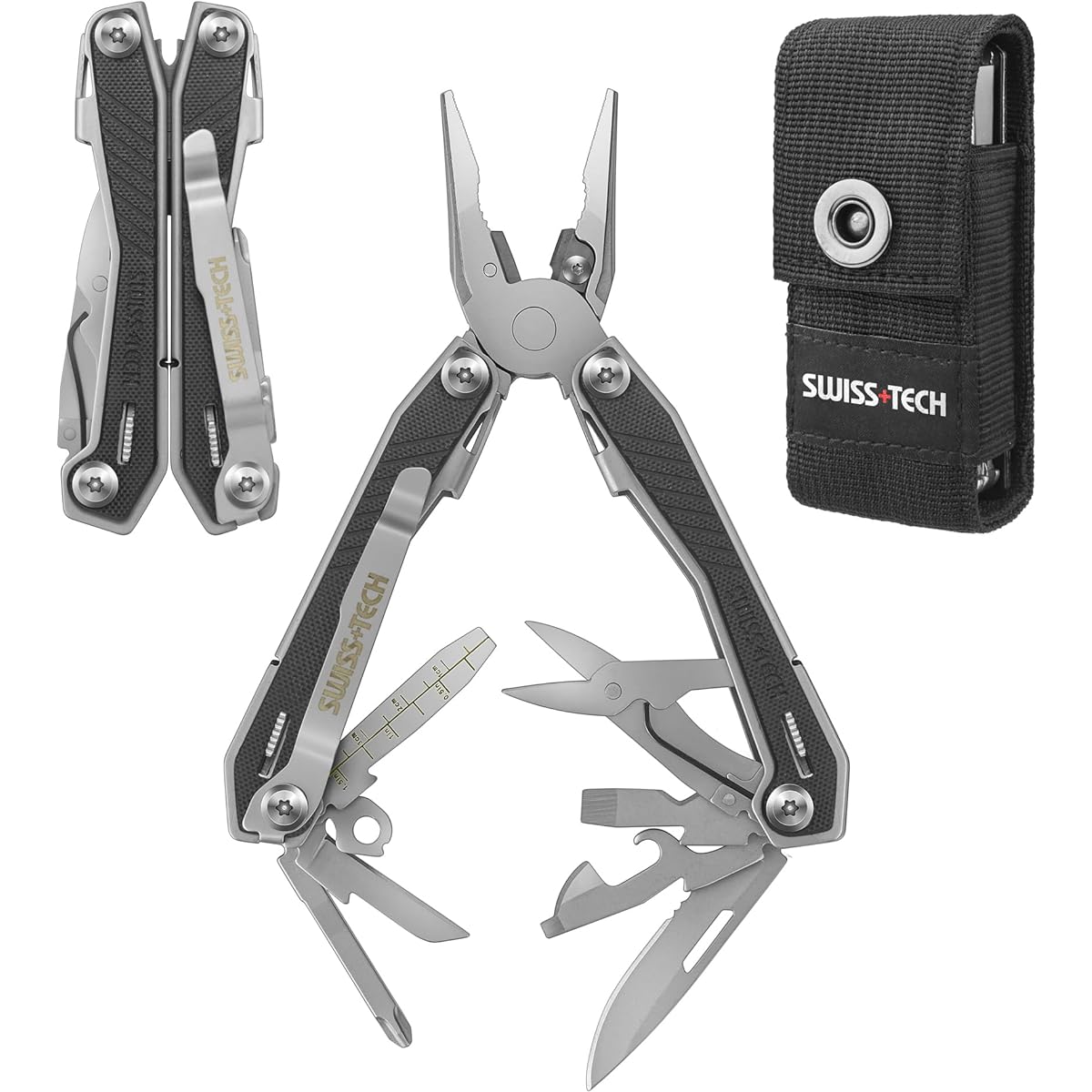 SWISS+TECH Multifunctional Pliers Outdoor Multi Tool Survival Tool 16-in-1 Radio Pliers Pliers Wire Cutter Saw Bottle Opener Driver Scissors Hanging Hole File Equipped with Lock Function Spring Included