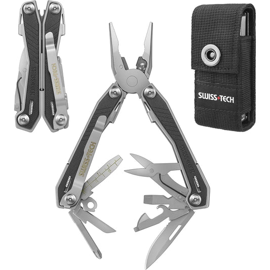 SWISS+TECH Multifunctional Pliers Outdoor Multi Tool Survival Tool 16-in-1 Radio Pliers Pliers Wire Cutter Saw Bottle Opener Driver Scissors Hanging Hole File Equipped with Lock Function Spring Included
