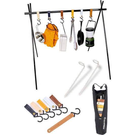 ABANPRESS Hanging Rack, 6 Colors Leather Hooks, Leg Fixing Peg Included, Dedicated Storage Bag, Foldable, No Need to Remove Hooks, Lantern Stand, Hanger Rack, Aluminum Alloy, Lightweight, Outdoor, Camping [90 Day Manufacturer's Warranty, Japanese Support