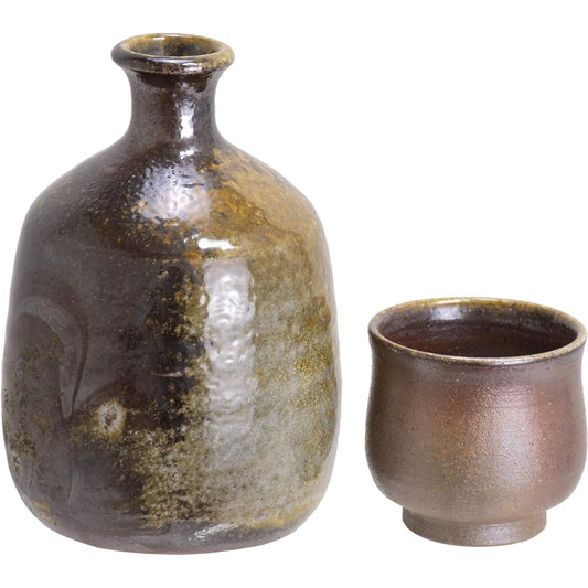 Mugenan Bizen Ware Mugen Kobo Samakiri Sake Set (Sake Kuri/Sake Cup) Traditional Crafts Tokkuri Set (Gift Present with Wooden Box)