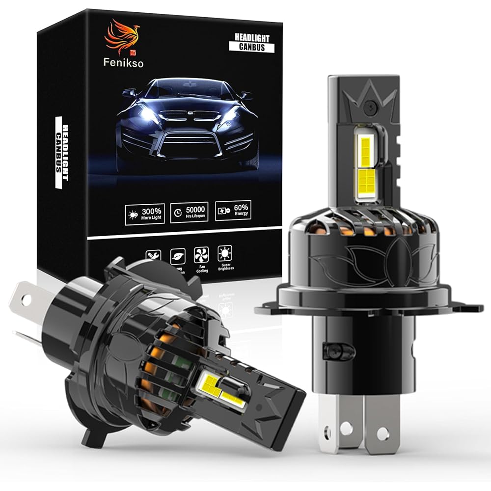 Fenikso Industry's First Model H4 LED Headlight Integrated HI/LO Switching Cooling Fan Built-in Canceller 108W Fog Lamp Optical Axis Adjustment Free White Explosive Light For DC12V 2 Pieces