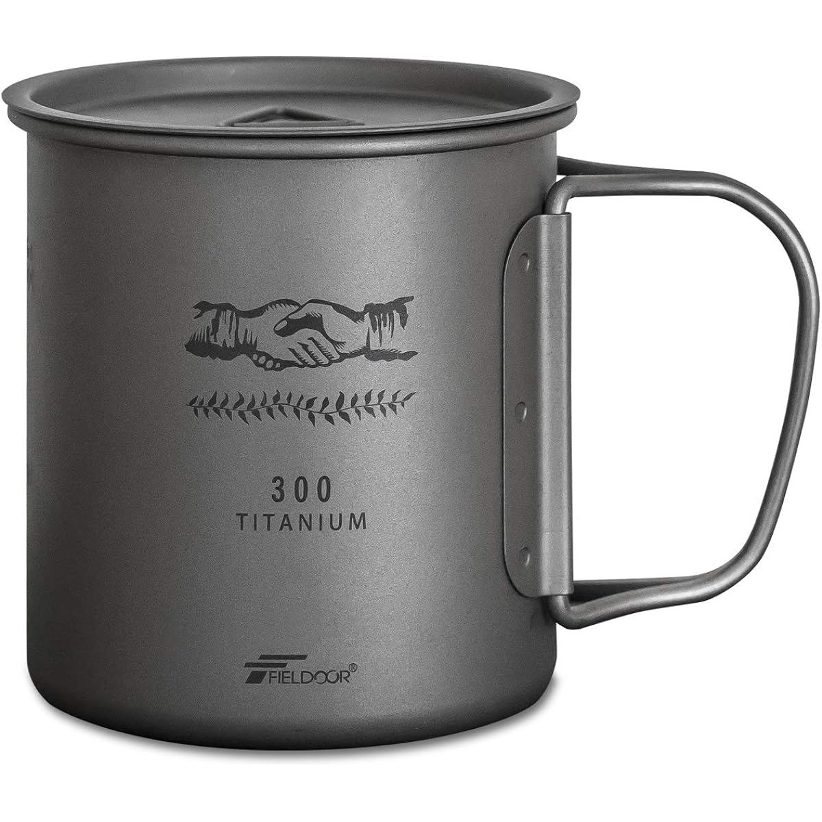 FIELDOOR Titanium Mug with Lid, Scale, Storage Bag Included, Folding Handle, Open Fire Cooker, Camping, Outdoor, Lightweight, Grill