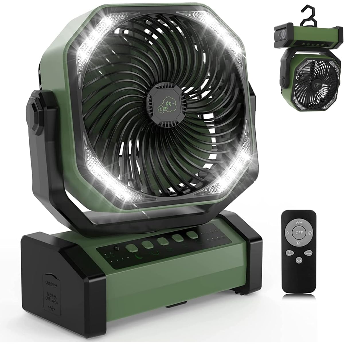 Camping Fan, Outdoor Fan, 20,000 mAh, Large Capacity, Up to 100 Hours of Continuous Use, Super Strong Wind, Silent, 4 Levels of Air Flow Adjustment, 16 High Brightness LED Lights, Traveling in the