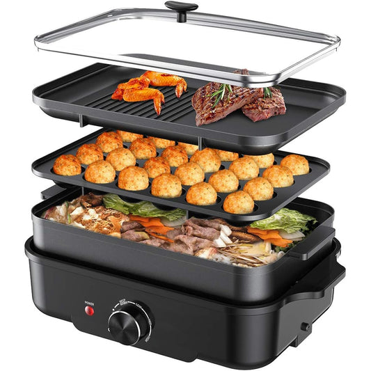"New Year Family Gathering" Sandoo Hot Plate Yakiniku Grill Party Non-Stick Removable Dish Scissors Glass Lid Shabu Shabu Takoyaki Black