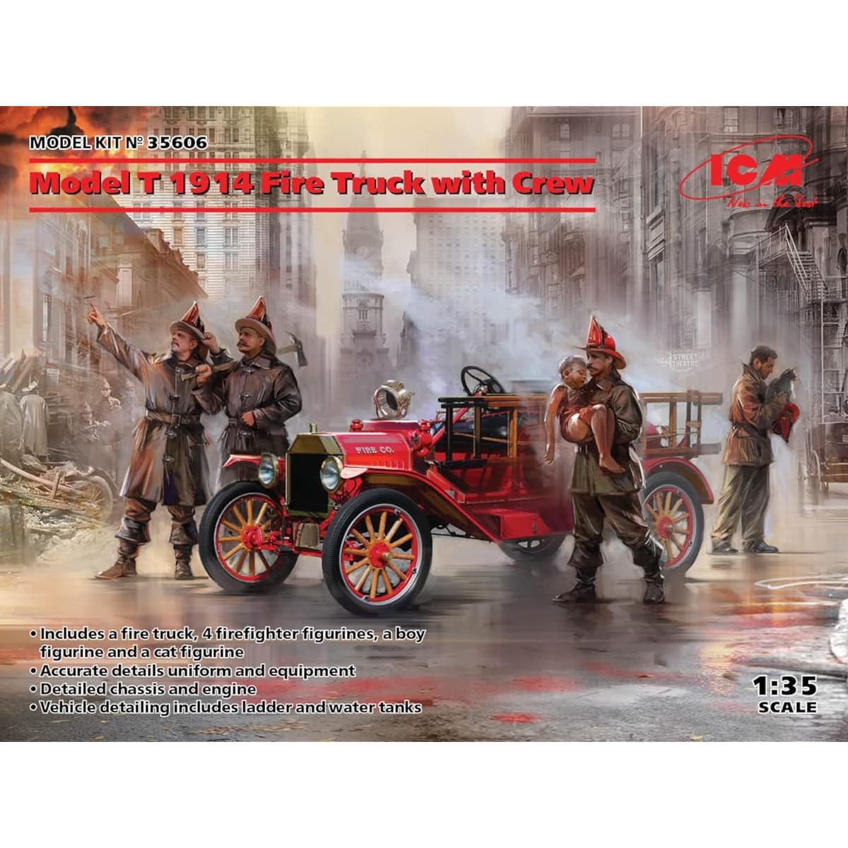 ICM 1/35 T-type Ford 1914 Fire Engine w/Crew Plastic Model 35606