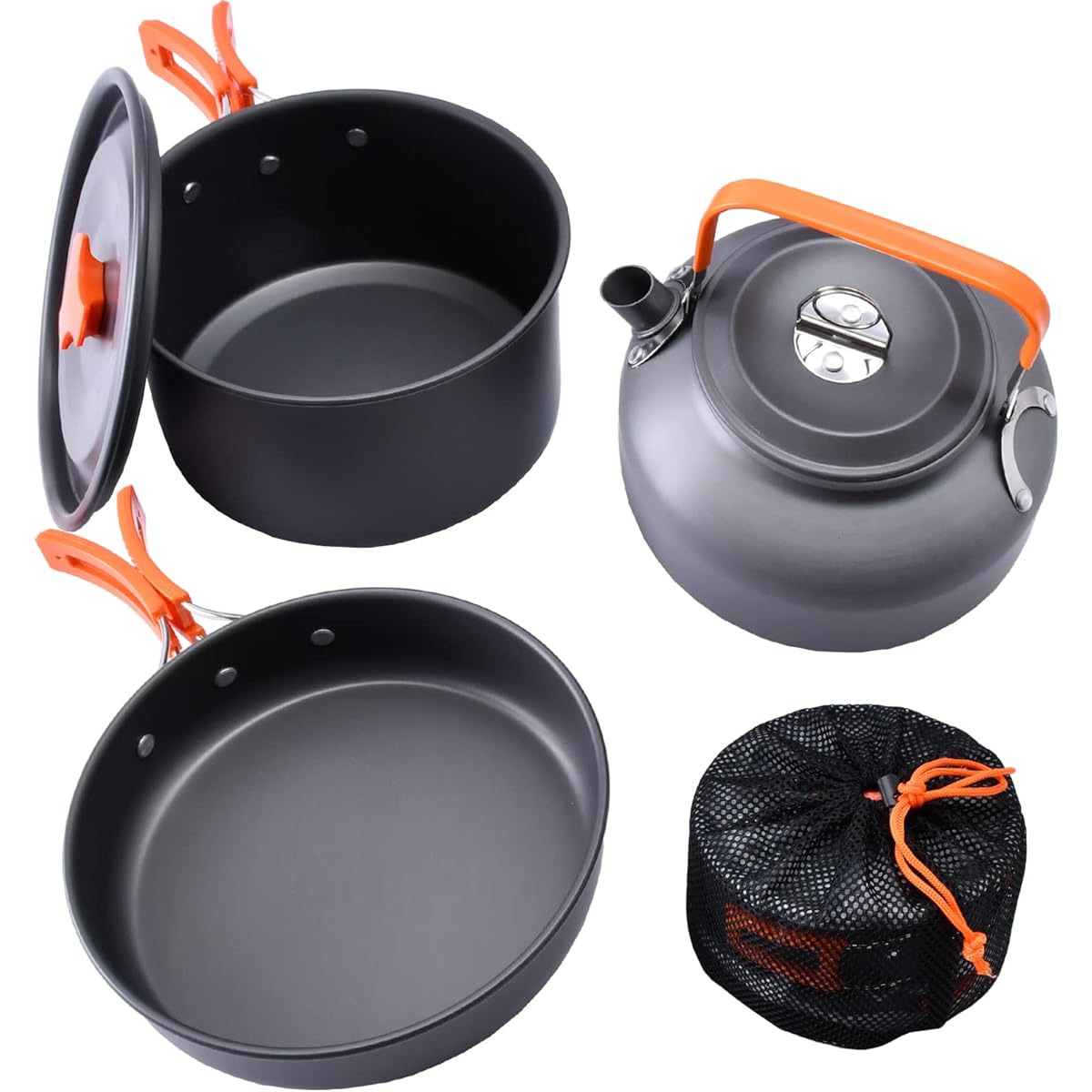 ZELDNER Camping Cooker Set, Solo Aluminum Pot, Frying Pan, Kettle, 3 Piece Set, Storage Bag Included, Inspected in Japan, Lightweight, Compact, Solo Camping, BBQ Cooking Utensils, Disaster Prevention Supplies, Disaster Prevention Goods, For 1-2 People (O