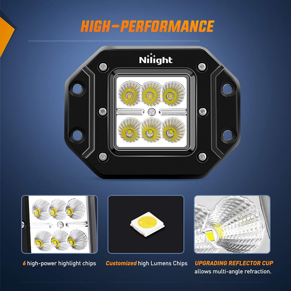 NILIGHT 2 pieces 18 W Flood LED Work Light Driving Light LED Light Bar Off Road LED Light Flash mount for Jeep Truck Tambam Bumper ATV UTV, 2 -year warranty