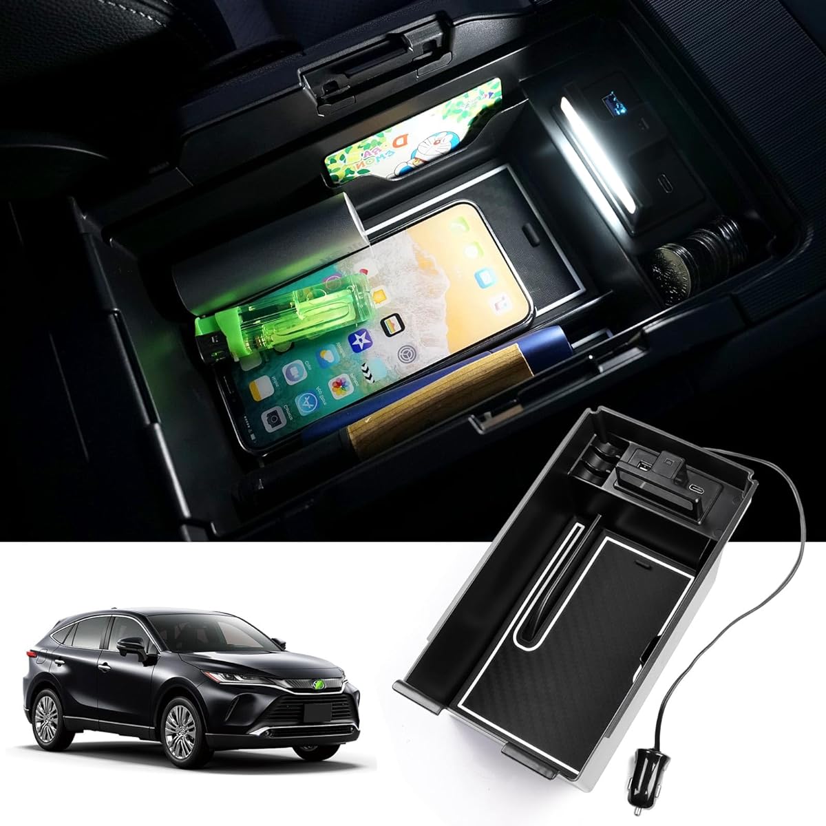 LIMSTYLE Toyota Harrier 80 Series Built-in Console Box with USB Charging, 2 Ports, LED Sensor Light, Harrier MXUA8# AXUH8# R2.06 ~ Current, Car Storage Box, Console Tray, Small Items, Easy