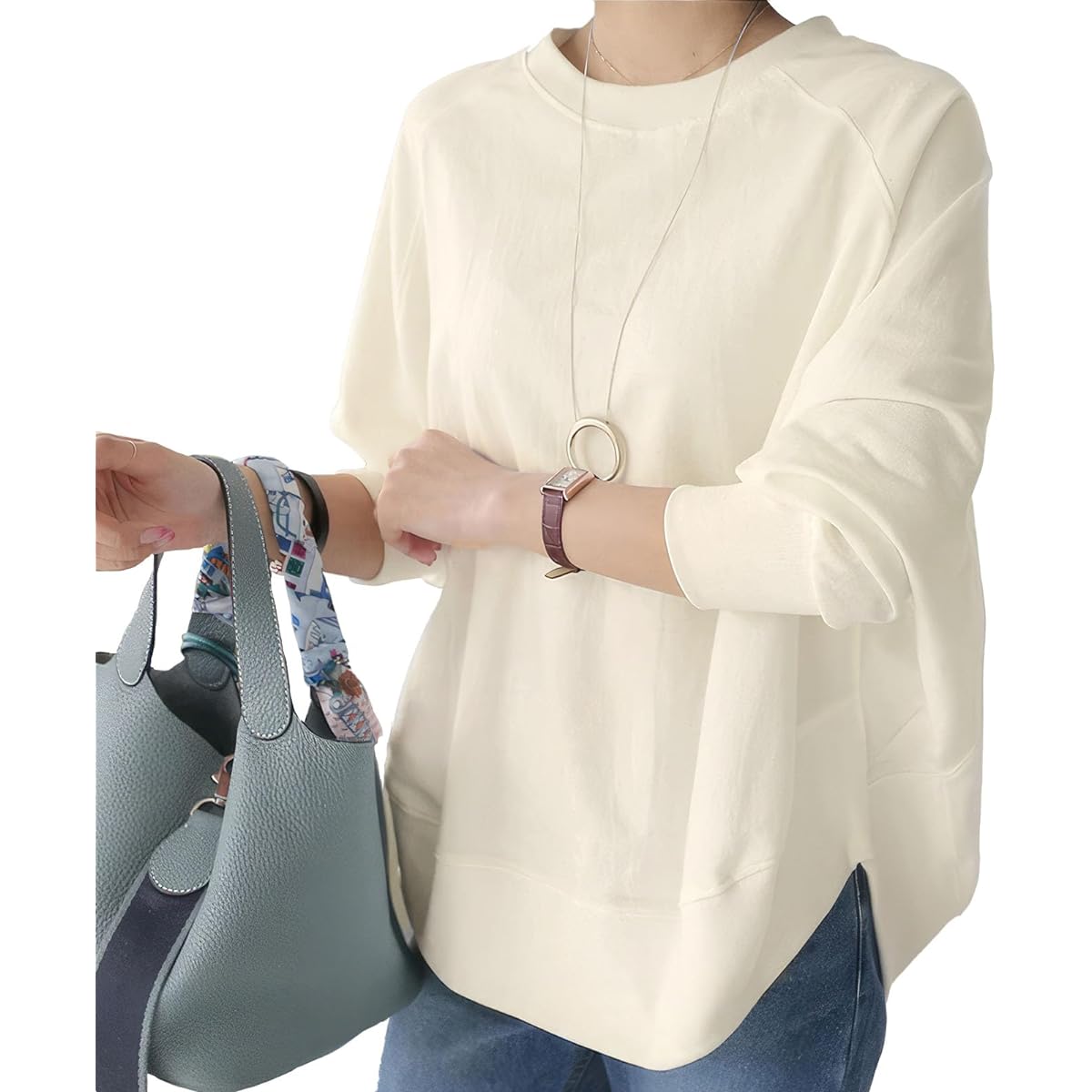 [MilaCorinna] Women's Sweatshirt, Sweatshirt, Long Sleeve, Dolman Sleeve, Big Pullover, Women's, Long T-shirt, Crew Neck, Cut and Sewn Top, Cotton, Autumn, Casual, Office, Stylish, Large Size, Plain, Loose, Cute, Commuting, Going Out, Spring, Summer, Aut