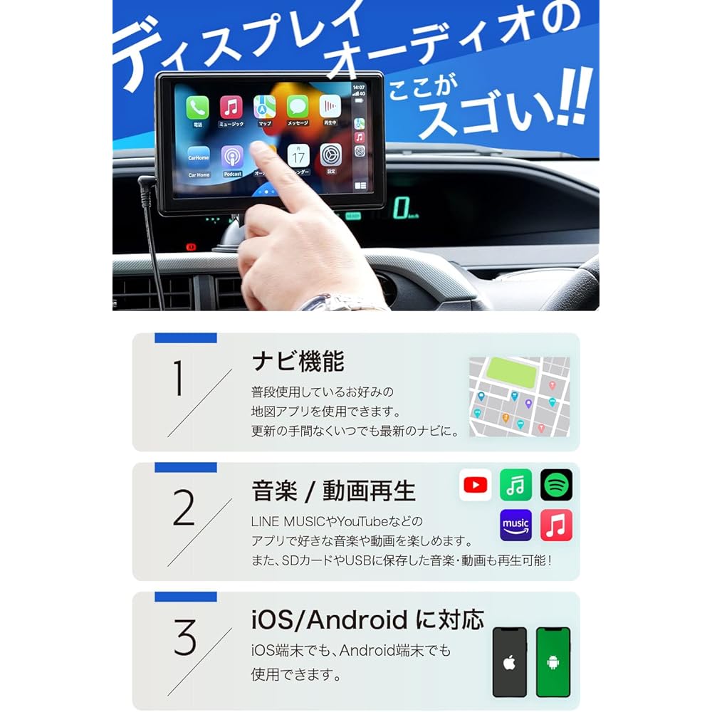 créer Portable Display Audio 7-inch IPS LCD AppleCarPlay AndroidAuto Compatible Mirroring WiFi 5.8Ghz Bluetooth 5.0 FM Transmitter (Display Audio) (Display Audio (Single Item))