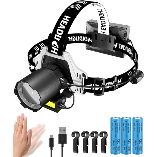 LED headlight 1000000 lumens TYPE-C USB rechargeable COB led light 10000M ultra-long illumination Sensor detection function Digital electricity display Lightweight IPX66 waterproof 9 lighting modes Work light Disaster prevention Climbing Fishing Running