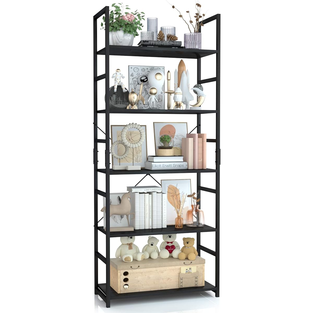 kukeimaru Shelf Rack Open Shelf Stylish Bookshelf Open Rack Living Room Display Width 58.6 x Depth 23.5 x Height 144cm Black